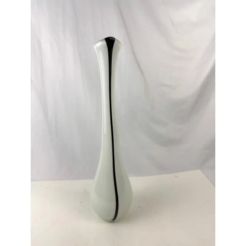 Vintage Mid-Century Modern‎ Hand Blown Glass Vase Black & White 17.5